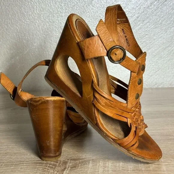 Frye Gabriella 7.5B Cut-Out Wedge Slingback T-Strap Woven Leather Sandals - Picture 14 of 14